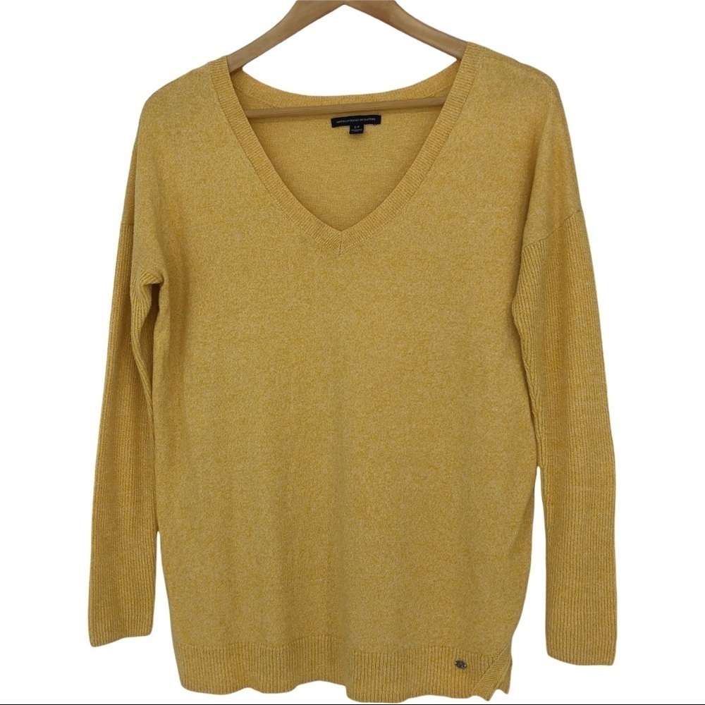 AEO mustard yellow v-neck long high low sweater, S